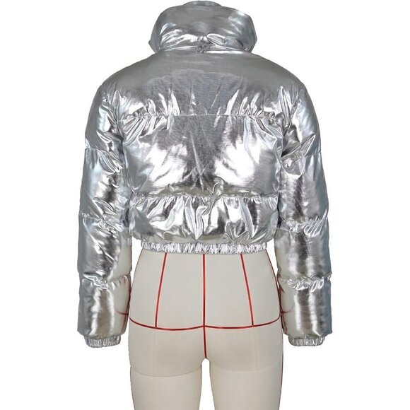 Women's Shiny Cropped Puffer Long Sleeve Solid Color Stand Neck Winter Down Coat - Picture 5 of 5